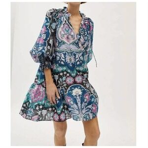 MARIA CHER Algae Mini Dress XS Floral Print Silk Blend‎ Tie Neck NWT